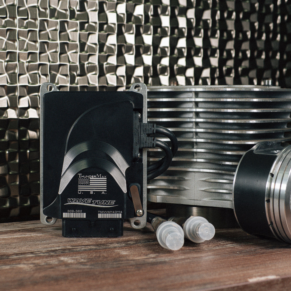 ThunderMax 309-362 ECM and wideband oxygen sensors beside engine cylinders