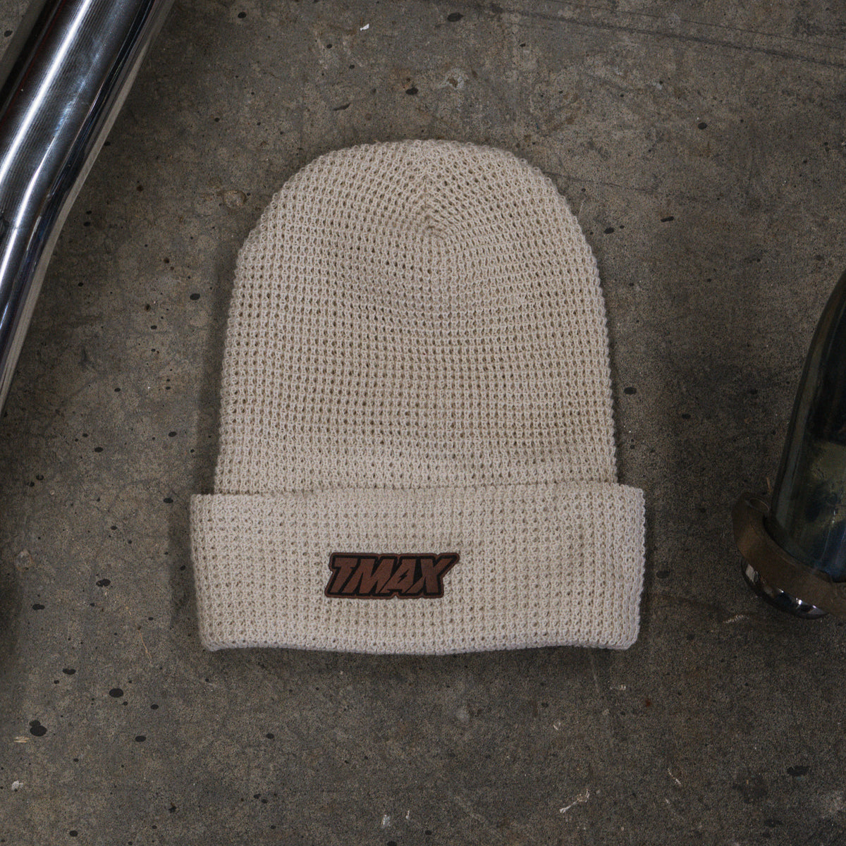 TMax Birch beanie showing its folded cuff and TMAX patch