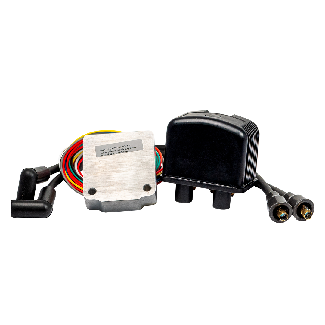 Twin Cam ignition module, coil and plug wires on a white background