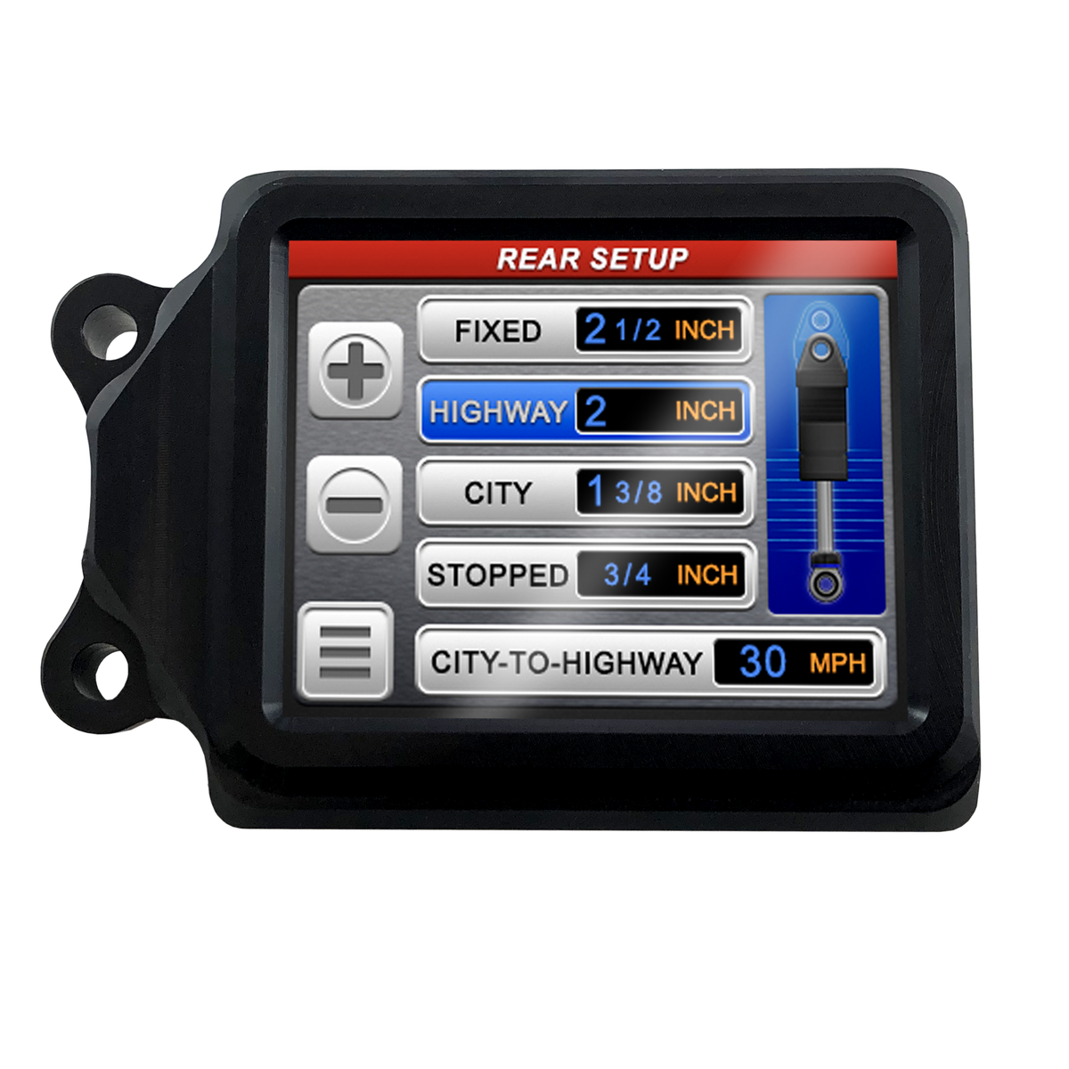 iRIDE touchscreen command center displaying rear suspension ride-height settings