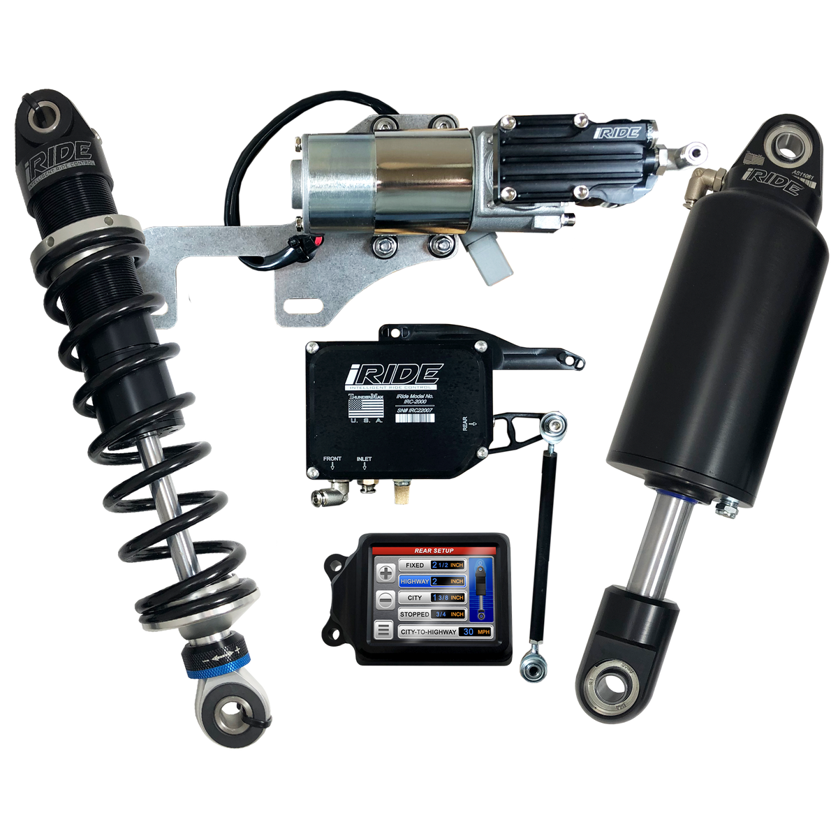 iRIDE suspension components with coil-over shock, air spring, compressor, control module and touchscreen command center