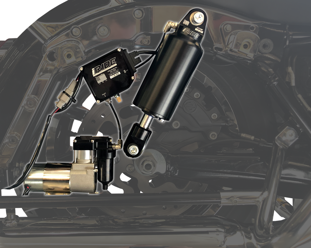 iRIDE air spring, compressor and control module mounted in a motorcycle frame